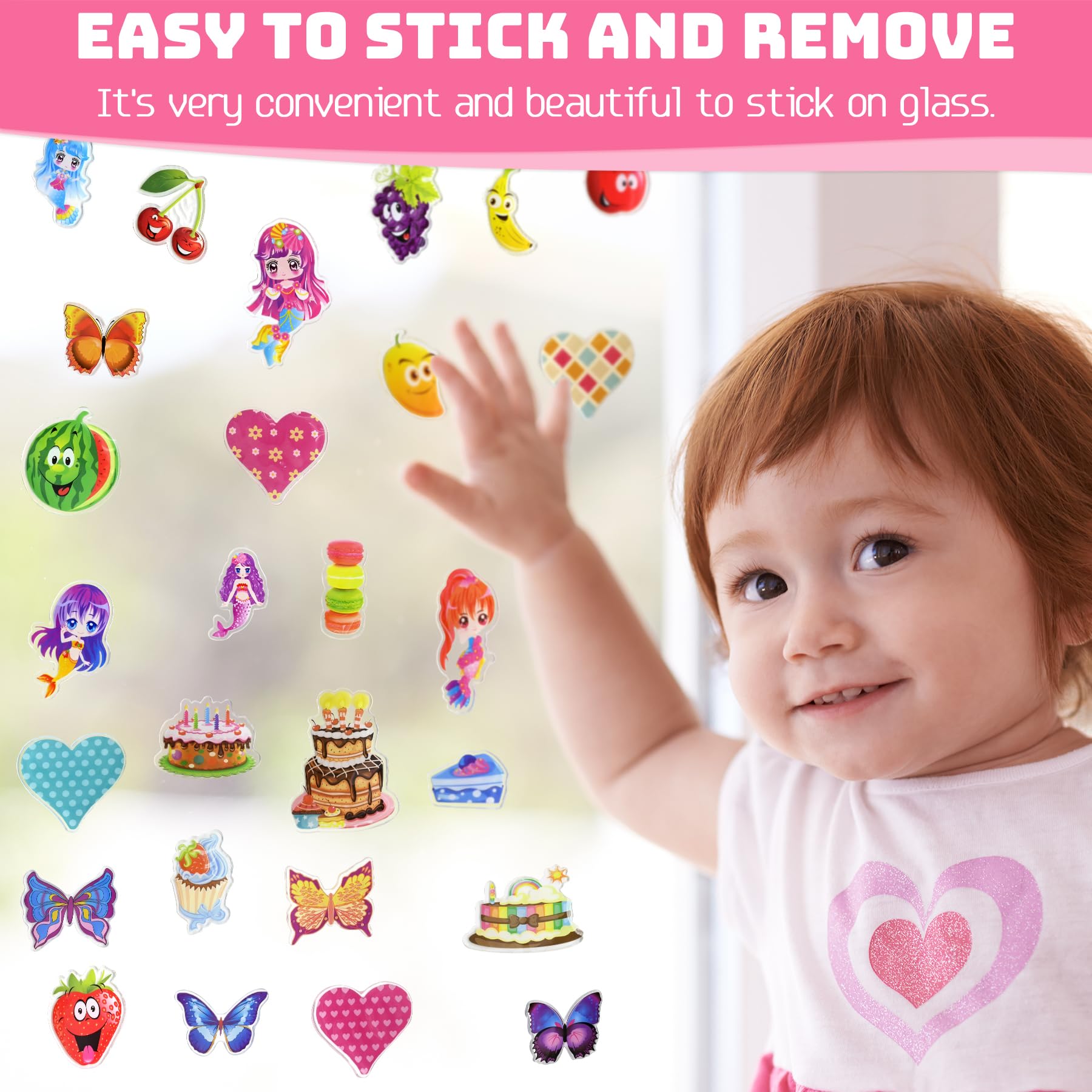 41PCS Window Clings Stickers for Girls – Reusable Jelly Gel Decals with Fruits, Hearts, Butterfly, Cake, Mermaid Design, Thick Vinyl Window Stickers for Toddlers, Home, Classroom, Birthday Party Decor