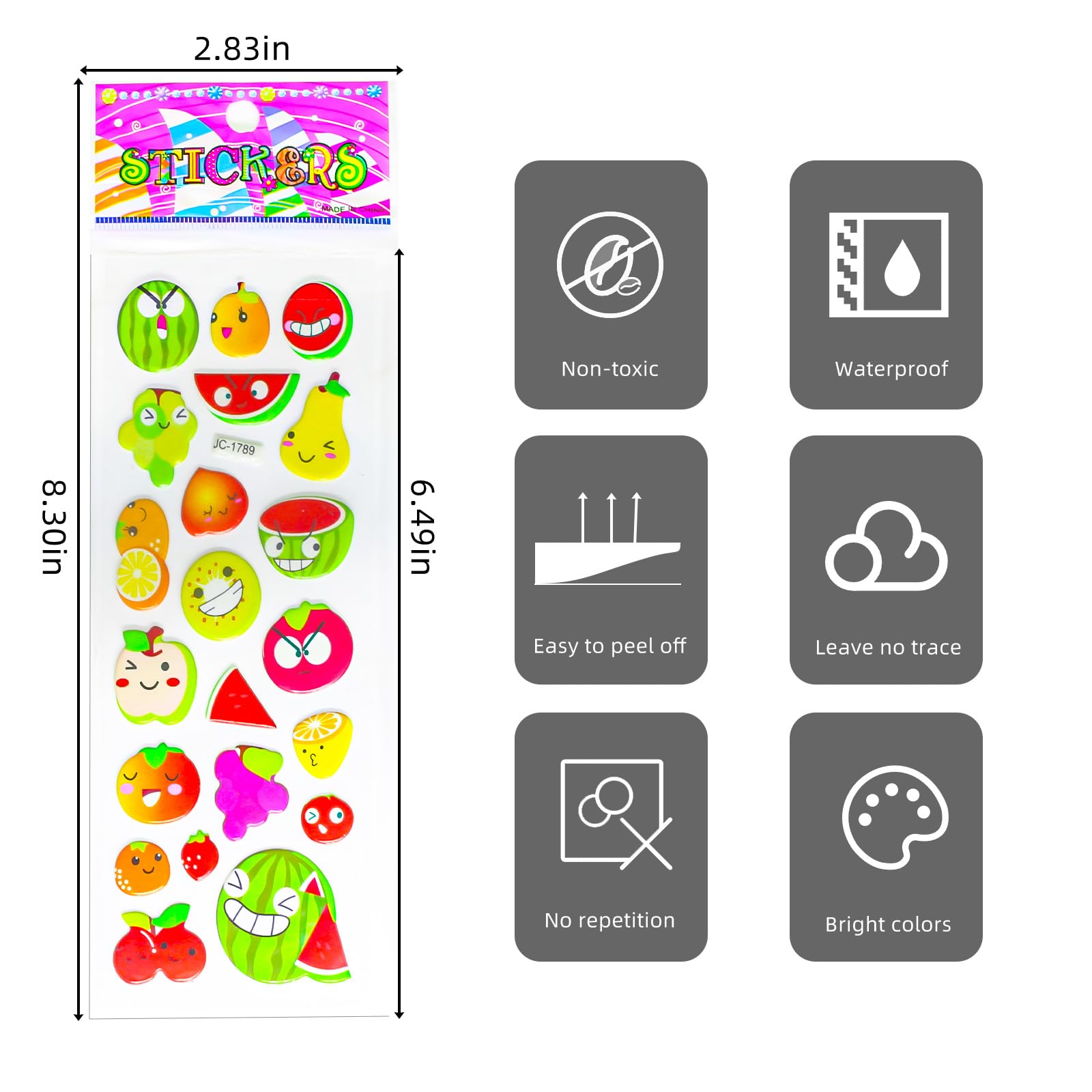 3D Stickers Children's 24 Sheets 530+ Puffy Stickers 3D for Boys and Girls, Various Sticker Set with Animals, Fruits, Girls, Mermaids, Desserts etc