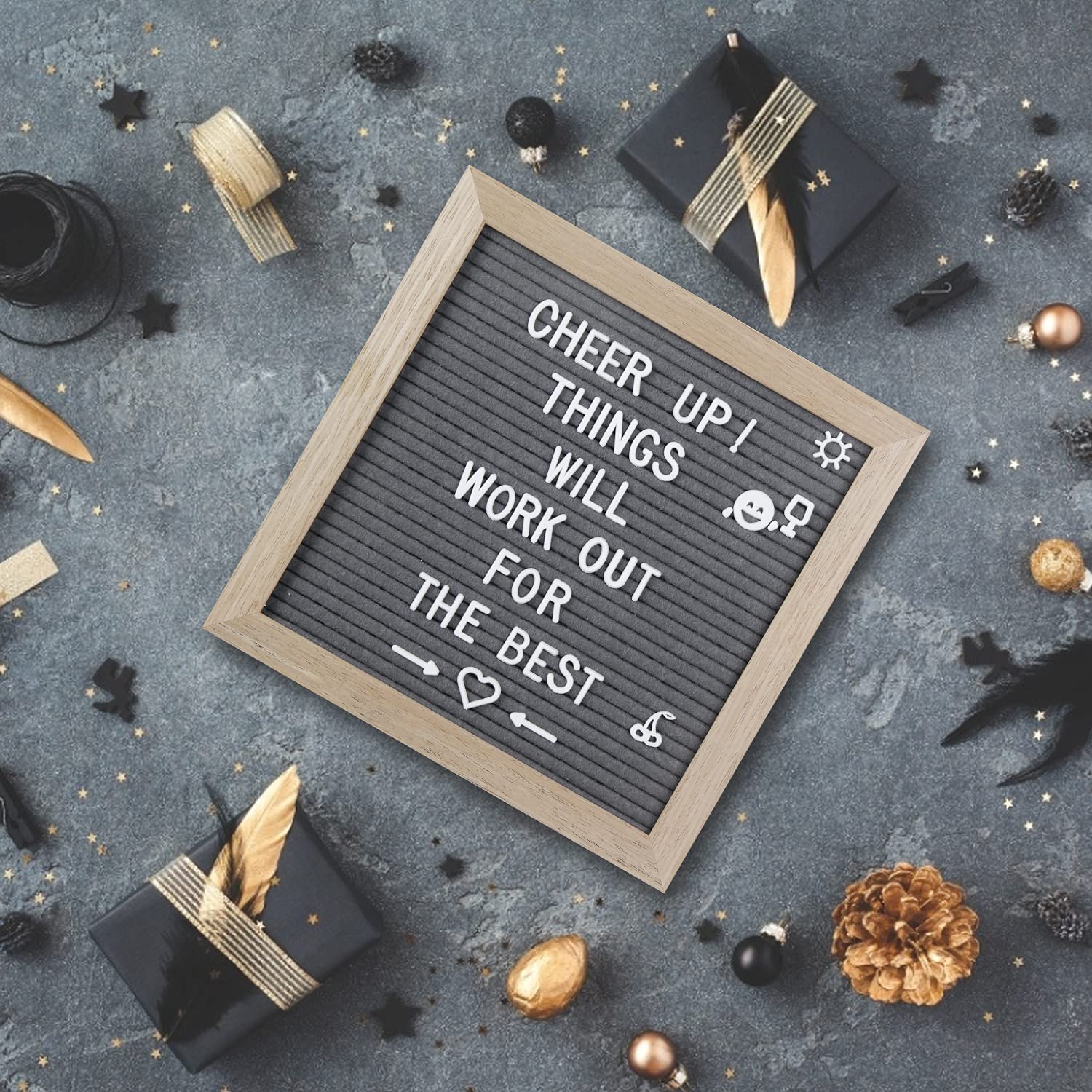Grey letter board made of oak and felt 25 x 25 cm square letter board with 350 letters easel and bag letters board wood letter board groove board memo board with metal hooks