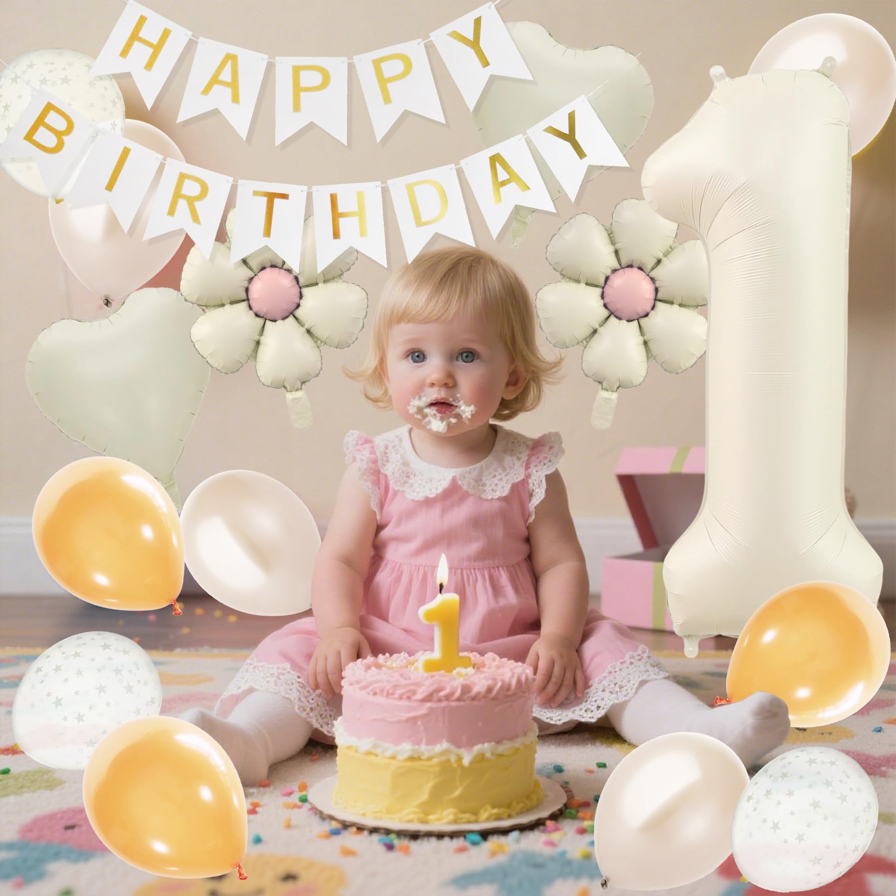 Meafeng 1歳 誕生日 飾り付け 数字 バルーン 18点 セット 大きい 81cm/32 インチ くすみカラー 誕生日 飾り HAPPY BIRTHDAY バースデー ガーランド ナンバーバルーン (ソフトホワイト)