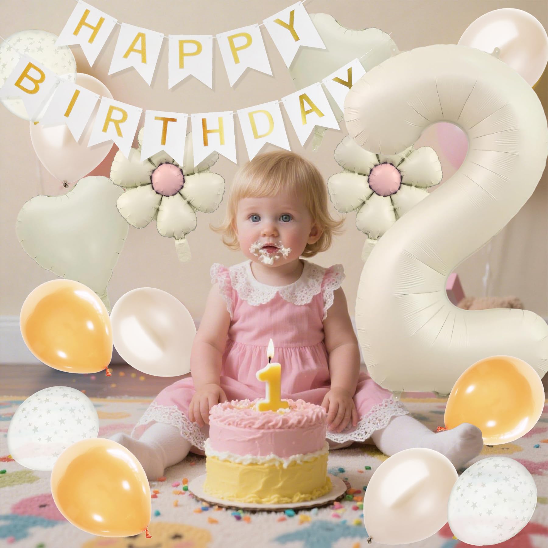 Meafeng 2歳 誕生日 飾り付け 数字 バルーン 18点 セット 大きい 81cm/32 インチ くすみカラー 誕生日 飾り HAPPY BIRTHDAY バースデー ガーランド ナンバーバルーン (ソフトホワイト)