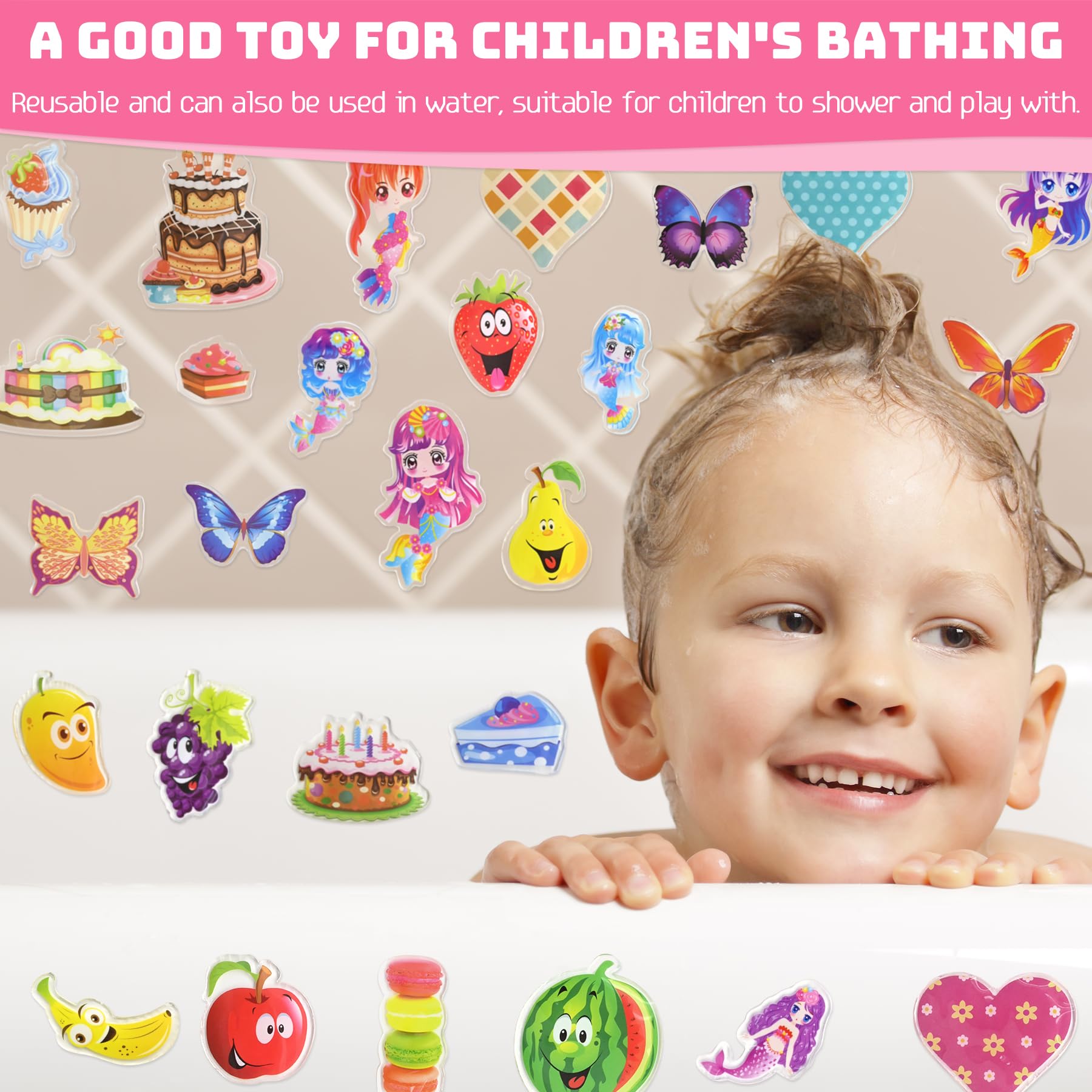 41PCS Window Clings Stickers for Girls – Reusable Jelly Gel Decals with Fruits, Hearts, Butterfly, Cake, Mermaid Design, Thick Vinyl Window Stickers for Toddlers, Home, Classroom, Birthday Party Decor