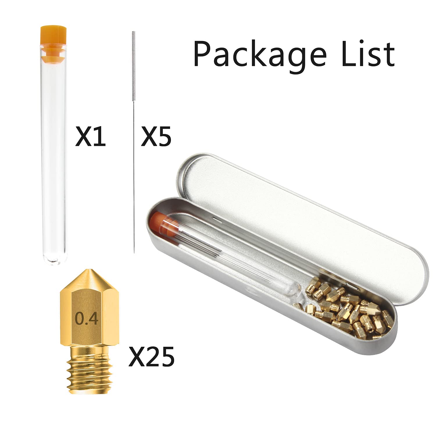 0.4MM MK8 Ender 3 Nozzles 25 pcs 3D Printer Brass Nozzles Extruder for Makerbot Creality CR-10 with 5 Needles and Metal Storage Box (0.4mm)