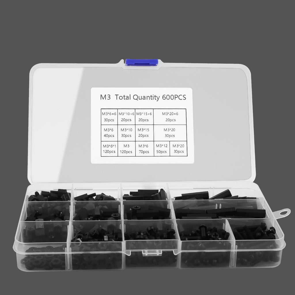 600PCS M3 Male Female Nylon Hex Spacer Standoffs Screws Nuts, Motherboard Standoffs and Screws Assortment Kit, Threaded Pillar for Circuit Board PCB Motherboard (Black)