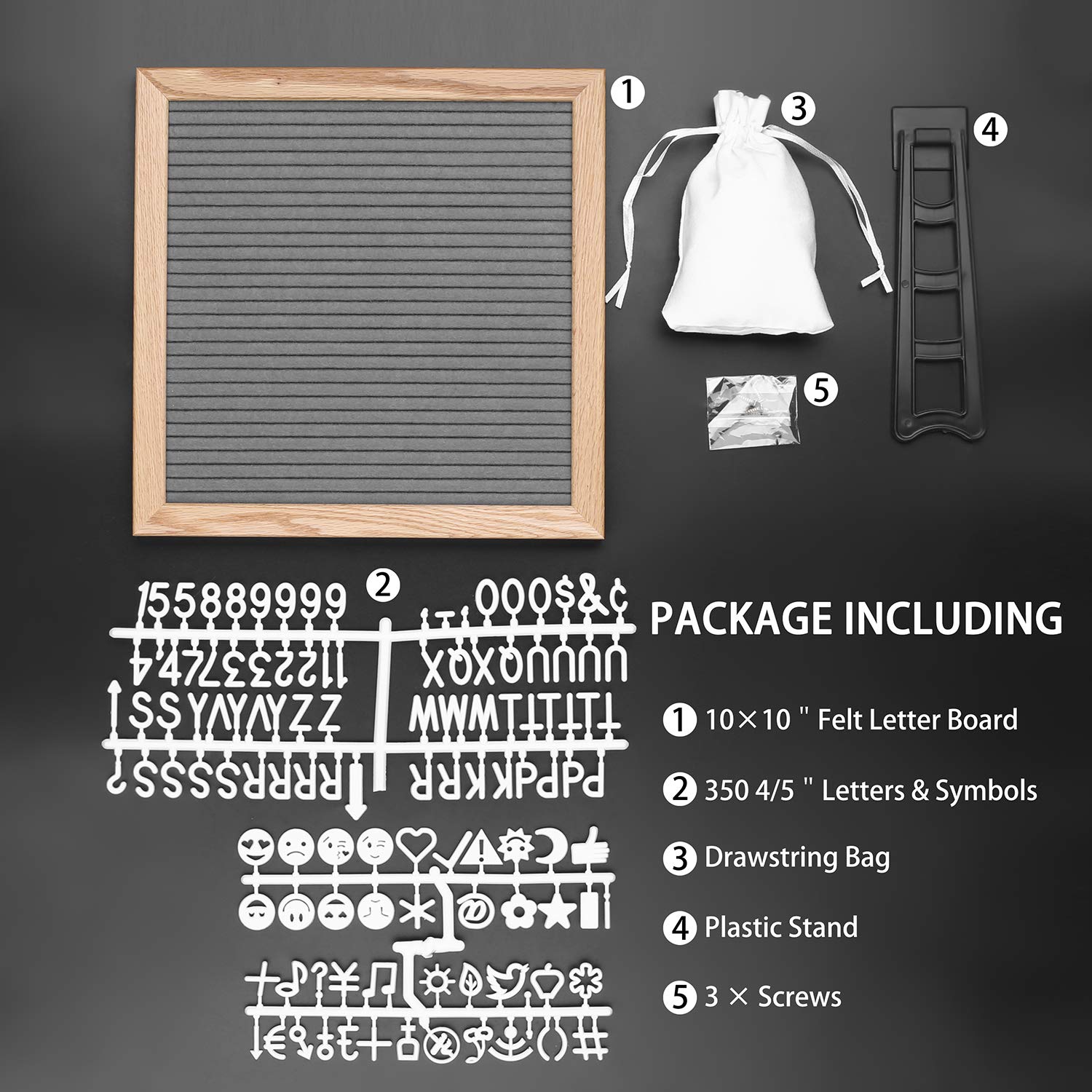 Grey letter board made of oak and felt 25 x 25 cm square letter board with 350 letters easel and bag letters board wood letter board groove board memo board with metal hooks